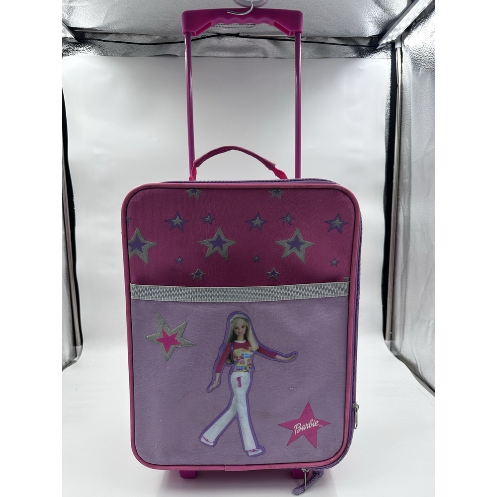 Vintage 2002 Barbie Rolling Suitcase Pink Purple Kids Travel Carry On Luggage